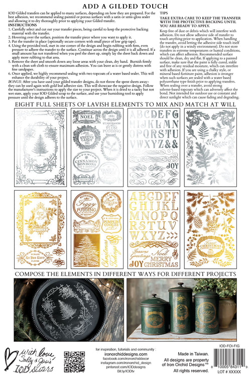 IOD GILDED Gold & Siliver FOIL Transfer Figgy & Flourish, Rub on Transfer 8" x12" Pad