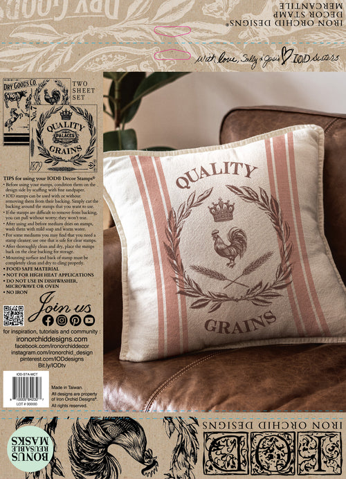 IOD MERCANTILE Stamp Collection 12"x 12". 2 sheets of stamps! Grainsack stripe!