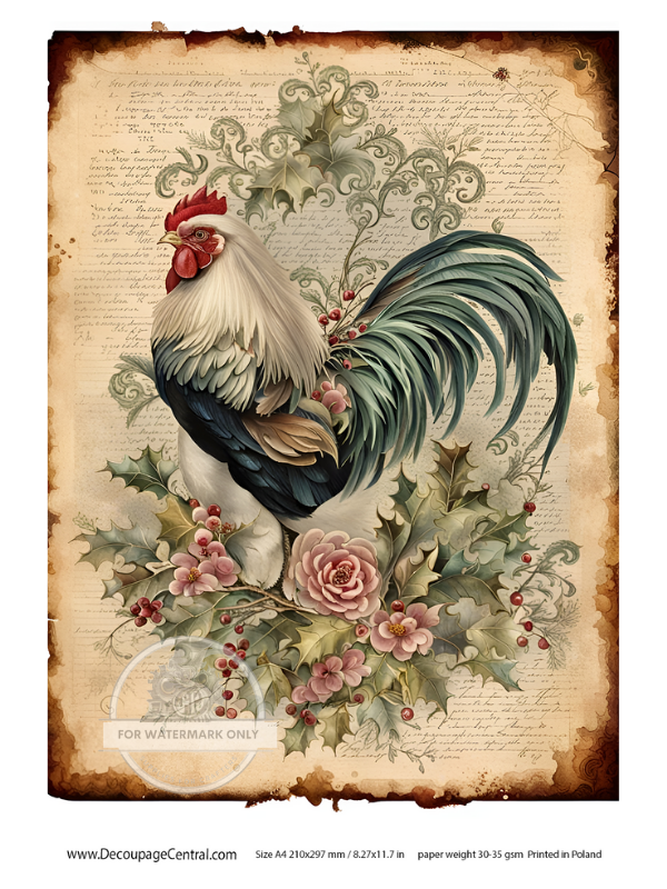 A4 Rooster in Flowers Rice Paper DC113