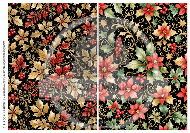 A3 Gilded Poinsettia & Holly Scrolls Rice Paper DC5110