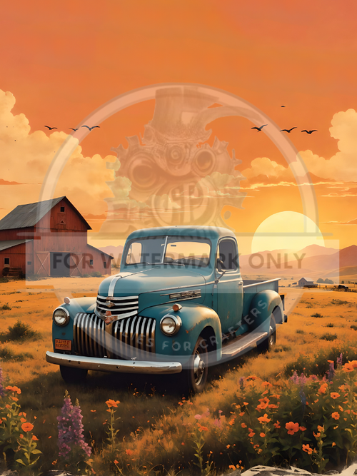 A4 Blue Truck Sunset Rice Paper DC565