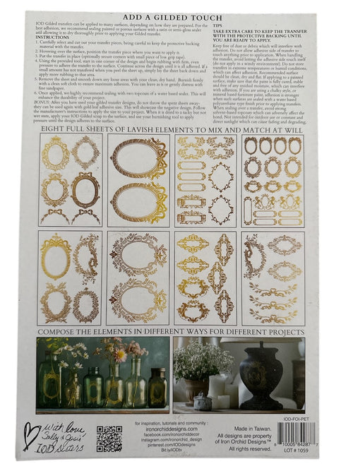 IOD GILDED GOLD FOIL Transfer Petits Ornements, Rub on Transfer 8" x12" Pad