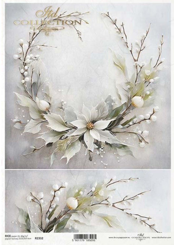 A4 White Winter Flower Wreath Rice Paper  R2332