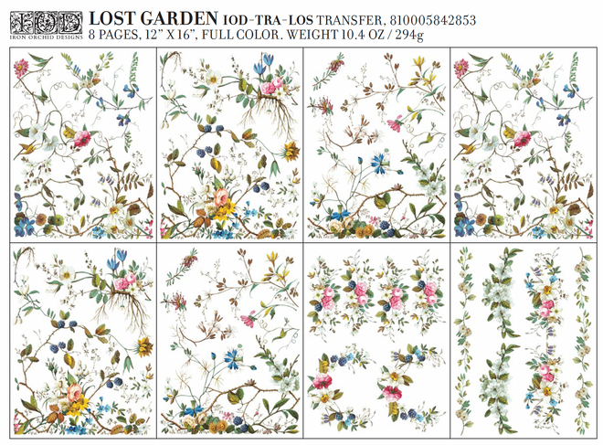 IOD Lost Garden  , Rub on Transfer 12" x16" Pad, 8 pages