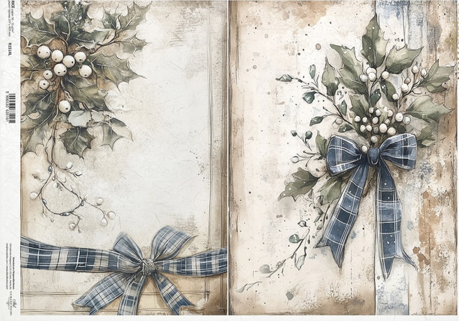 A3 ITD Blue Ribbon Holly & Mistletoe Decoupage Paper R1514L