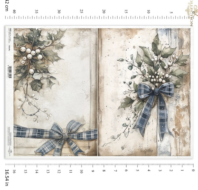 A3 ITD Blue Ribbon Holly & Mistletoe Decoupage Paper R1514L