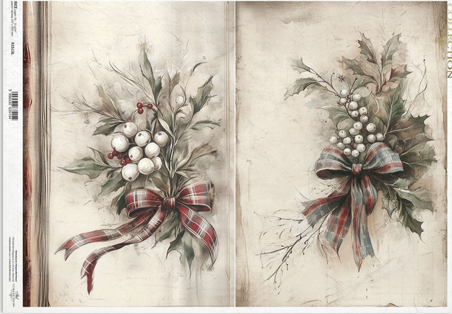 A3 ITD RED Ribbon Holly & Mistletoe Decoupage Paper R1513L