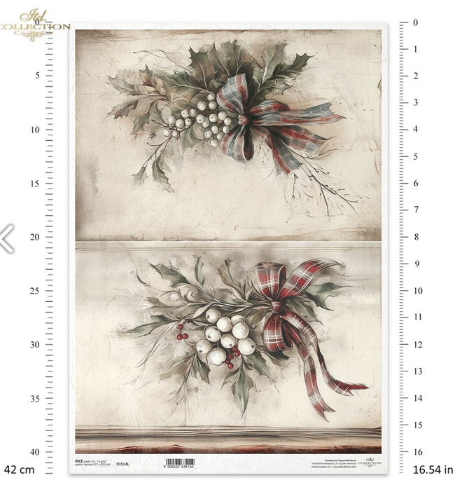 A3 ITD RED Ribbon Holly & Mistletoe Decoupage Paper R1513L