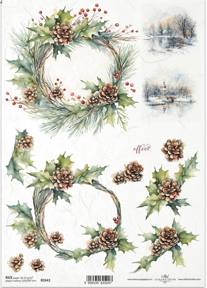 ITD  A4 Pine Cone Christmas Wreath Rice Paper  R2441
