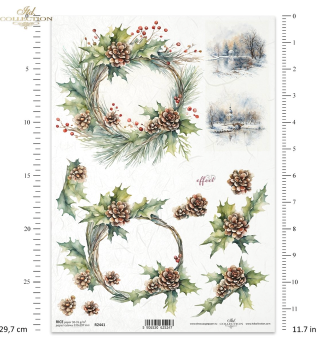 ITD  A4 Pine Cone Christmas Wreath Rice Paper  R2441