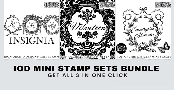 2025 Spring IOD Boxed Mini Stamp Set: Insignia, Velveteen, Countryside Memoires - Decoupage Central