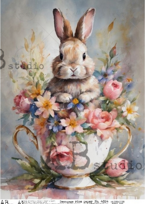 A3 Teacup Bunny Flowers Rice Paper, AB Studios 4314