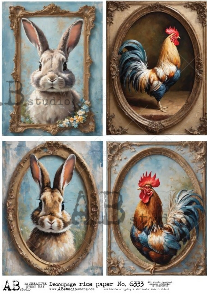 A4 Framed Bunny n Rooster Quad AB Studios 6333