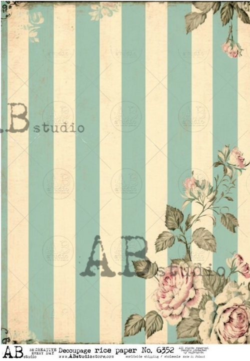 A4 French Market Floral Stripes Rice Paper Background AB Studios 6352