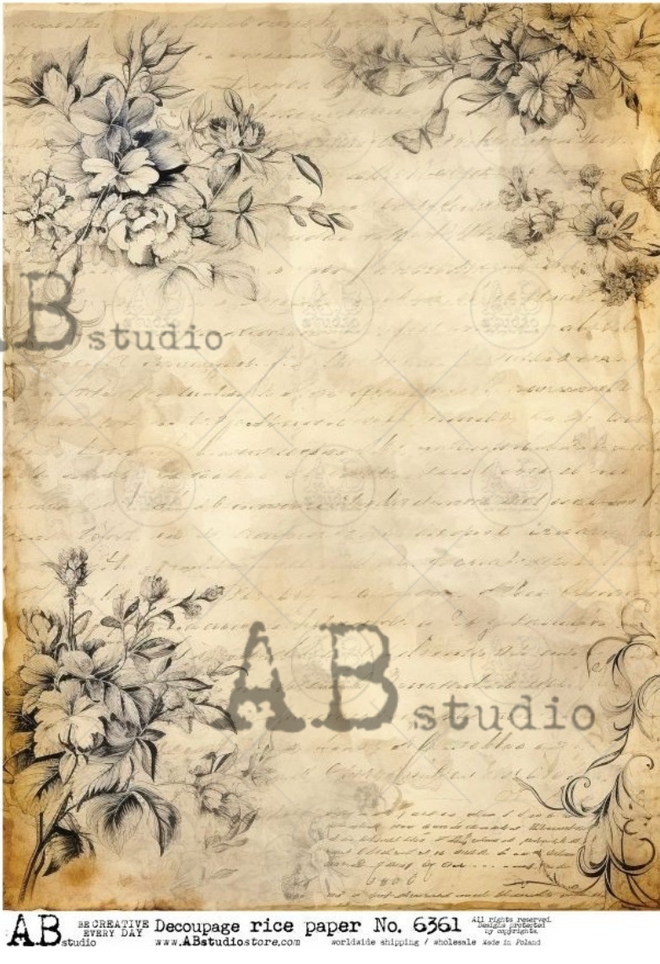 A4 Sepia Letter Flowers Rice Paper Background AB Studios 6361