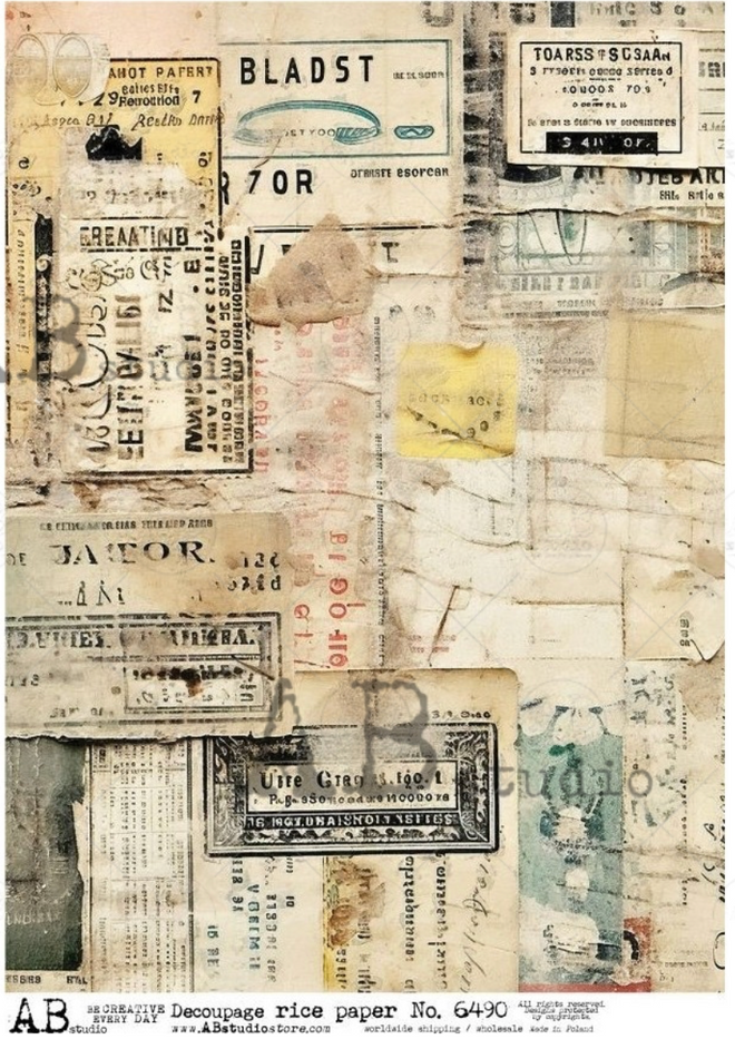 A4 Travel Stamp Collage Rice Paper Background AB Studios 6490