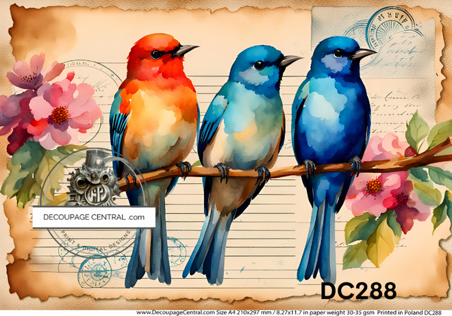 Decoupage Papers with Beautiful Birds on a parchment background