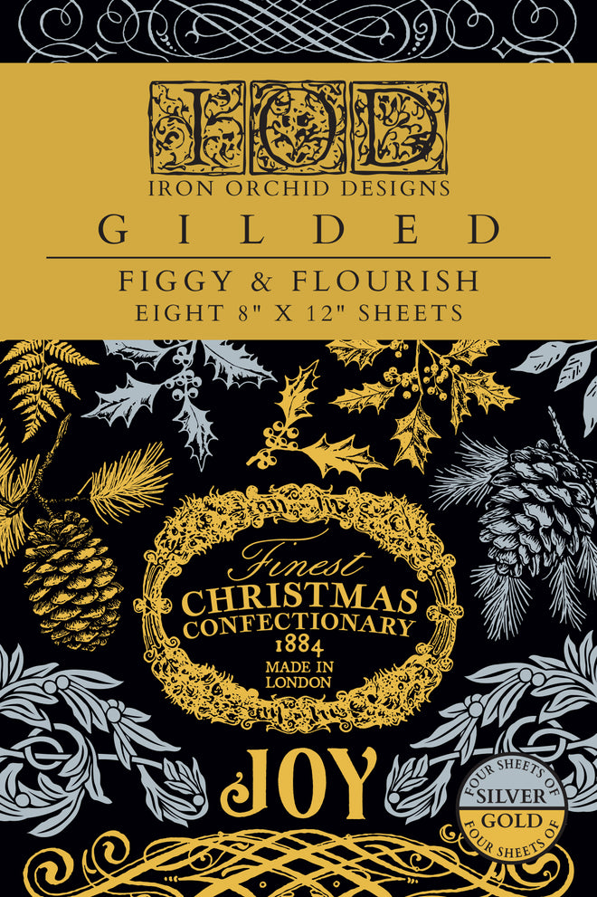 IOD  GILDED Gold & Siliver FOIL Transfer Figgy & Flourish,  Rub on Transfer 8" x12" Pad