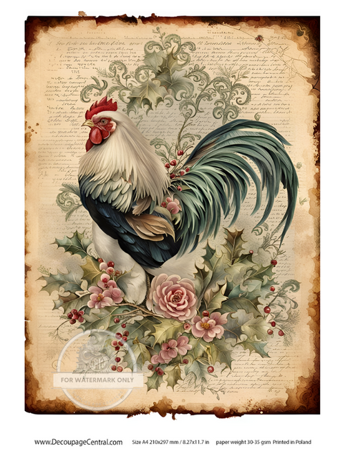 A4 Rooster in Flowers Rice Paper DC113