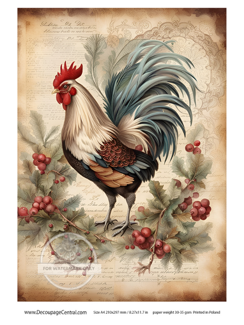 A4  Christmas Rooster Rice Paper DC114