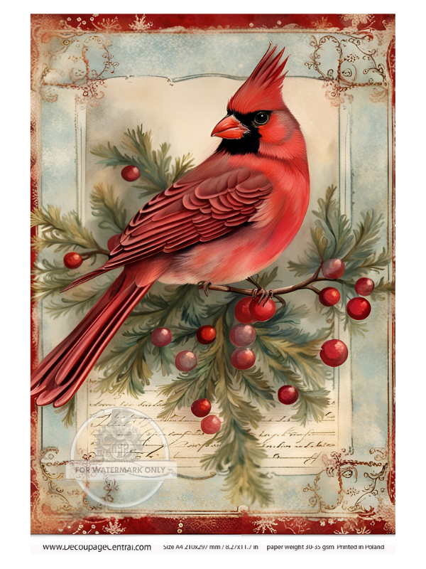 A4 Christmas Cardinal on Teal Rice Paper DC116