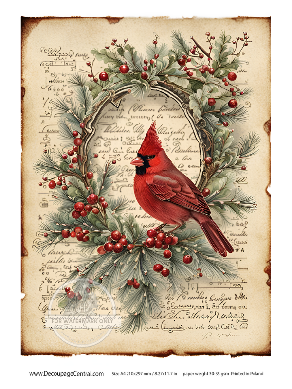 A4 Christmas Cardinal in Wreath Rice Paper DC117