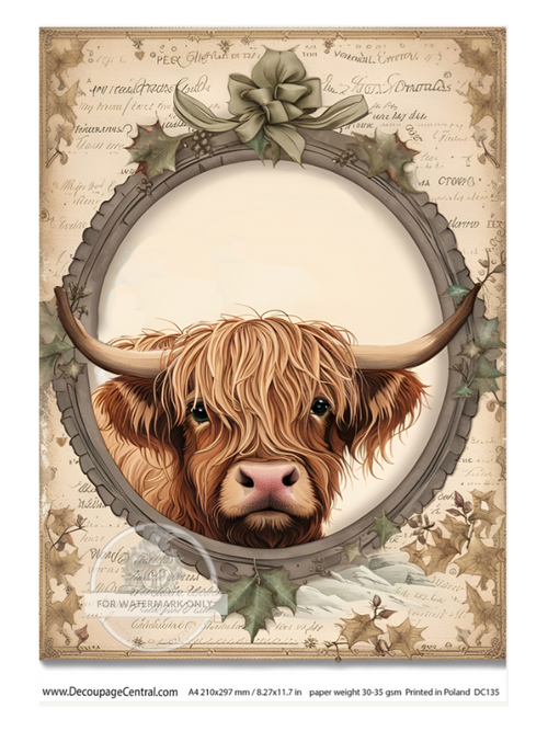 A4 Christmas Highland Cow Rice Paper DC135