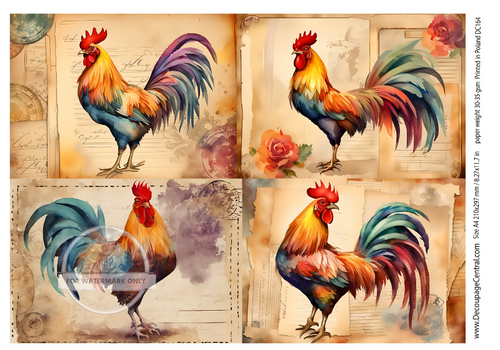 A4 Roosters on Parchment Rice Paper DC164