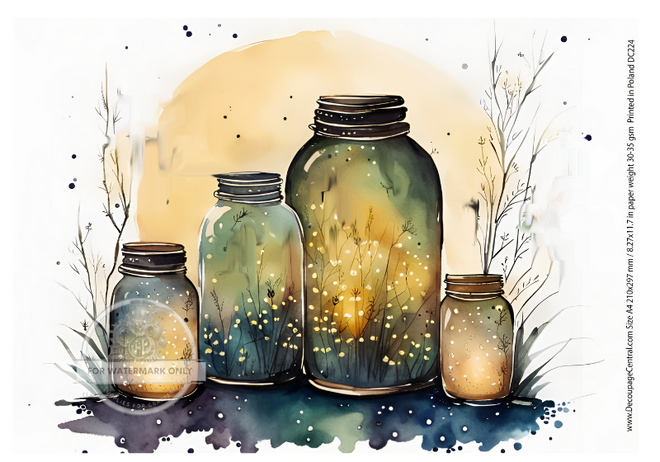 A4 Fireflies in Jars Decoupage Rice Paper DC224