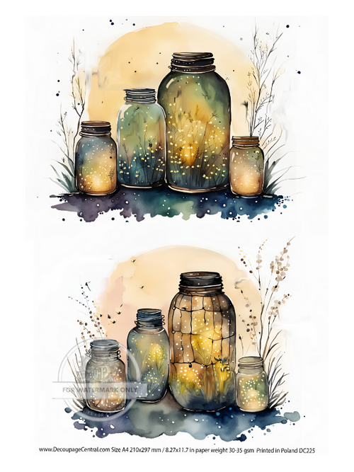 A4 Fireflies in Jars Duo Decoupage Rice Paper DC225