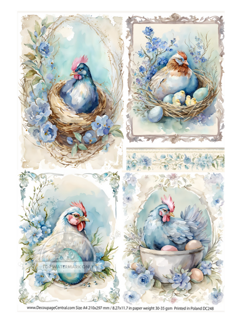 A4 Nesting Hens in Blue Rice Paper DC248