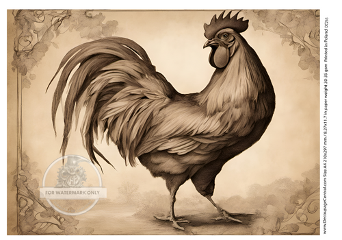 A4 Sepia Rooster Decoupage Rice Paper DC255