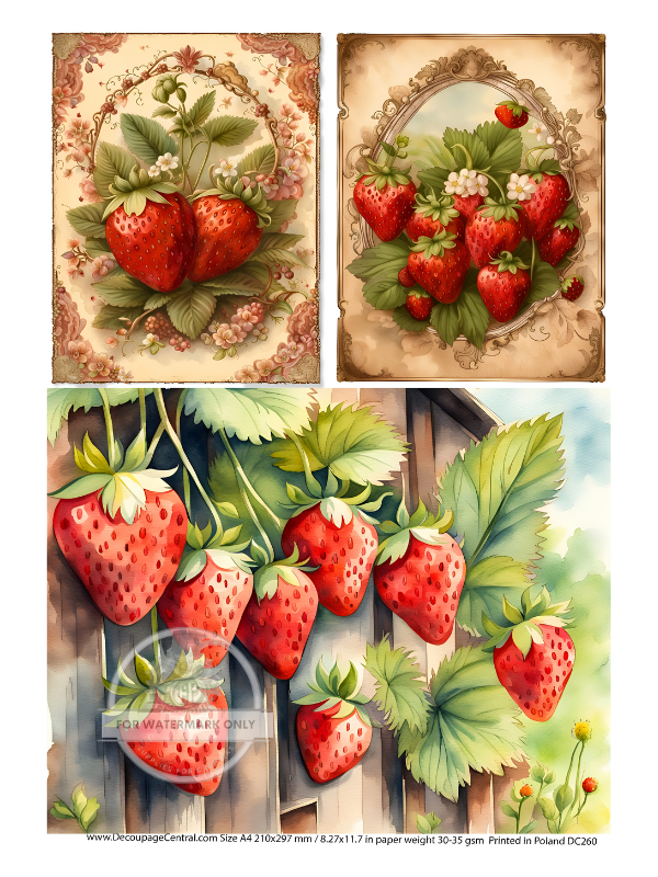 A4 Strawberry Trio Decoupage Rice Paper DC260