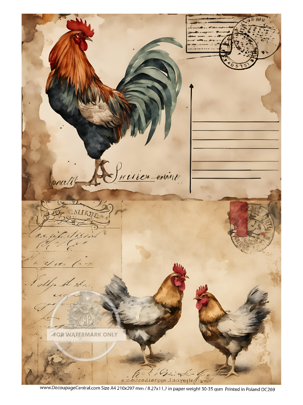 A4 Rooster and Hens Postale Decoupage Rice Paper DC269