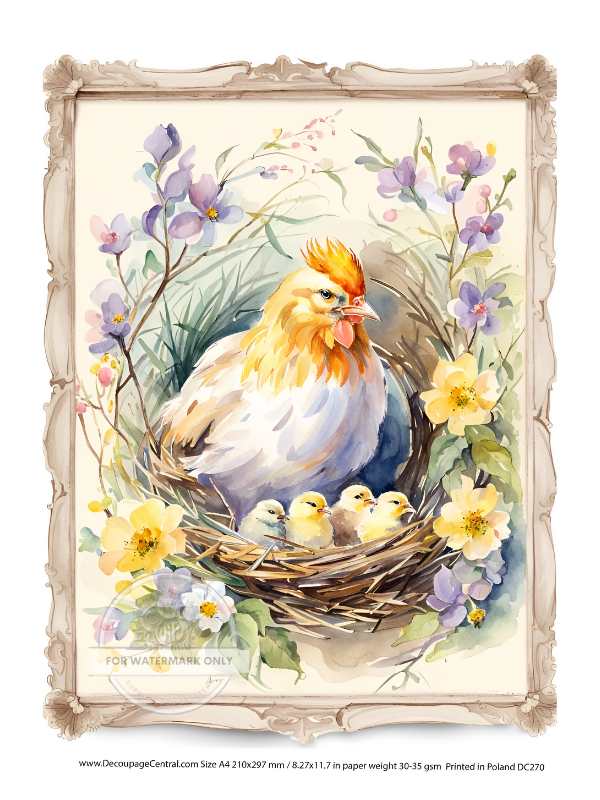 A4 Spring Hen on Nest Decoupage Rice Paper DC270