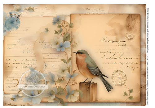 A4 Bird and Parchment Decoupage Rice Paper DC278