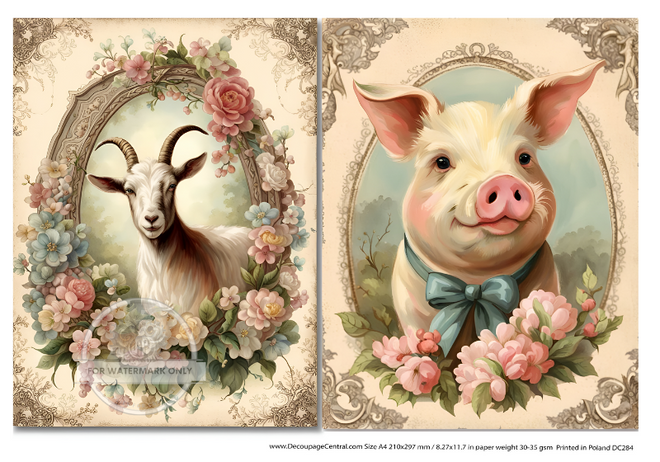 A4 Framed Pig and Goat Decoupage Rice Paper DC284