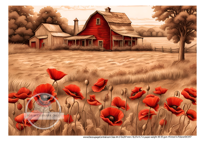 A4 Red Barn and Field of Poppies  Rice Paper DC357