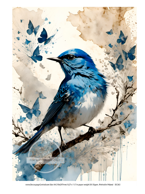 A4 Bluebird with Butterflies Rice Paper DC363