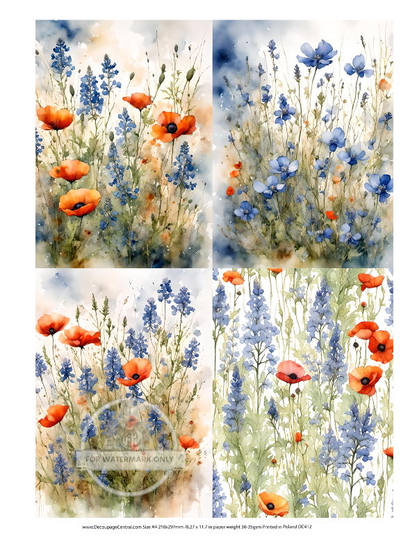 A4 Bluebonnets and Poppies Quad Rice Paper DC412