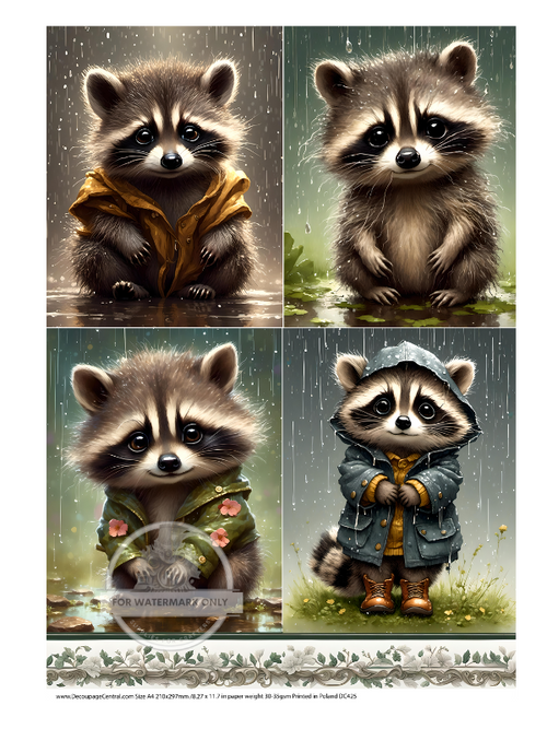 A4 Rainy Raccoon Quad Rice Paper DC425