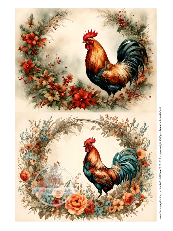 A4 Rooster Wreaths Rice Paper DC447