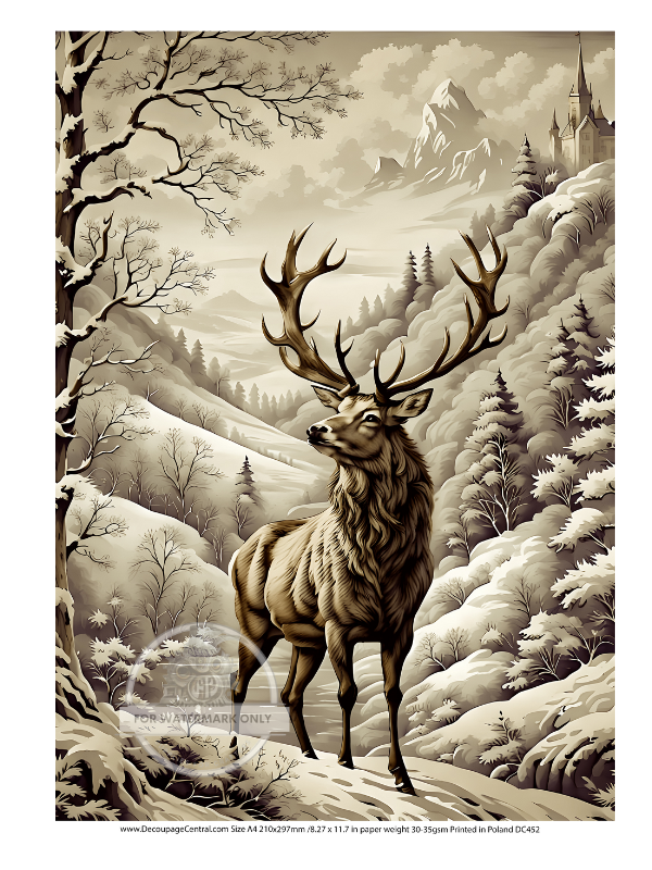 A4 Sepia Winter Stag Rice Paper DC452