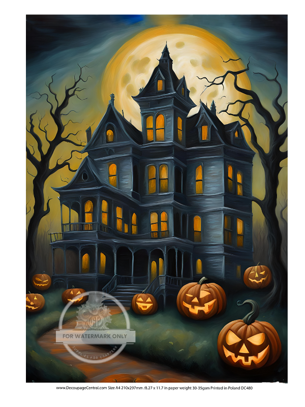 A4 Spooky Pumpkin House Rice Paper DC480