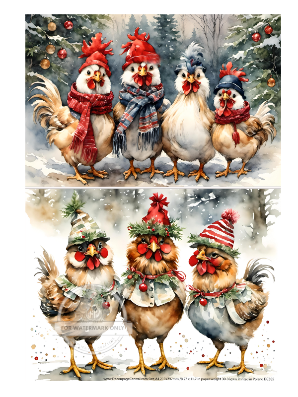A4 Christmas Hens Duo Rice Paper DC505