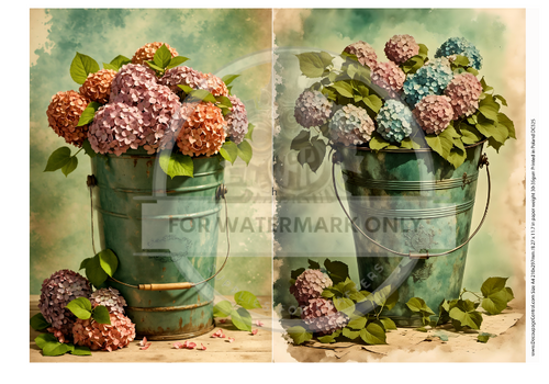 A4 The Old Bucket Summer Hydrangeas Rice Paper DC525