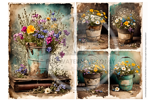 A4 The Old Bucket Wildflowers Rice Paper DC527