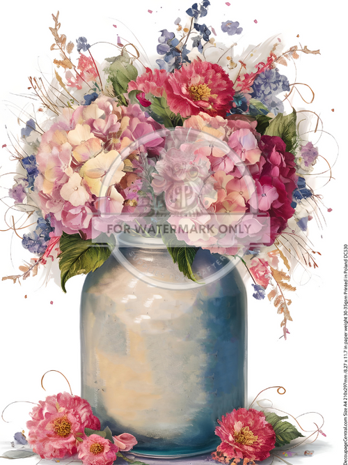 A4 The Old Jar of Flowers Pink Flowers Decoupage Rice Paper DC530