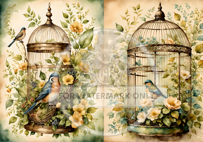 A4 Birdcage Flowers Duo Rice Paper DC633