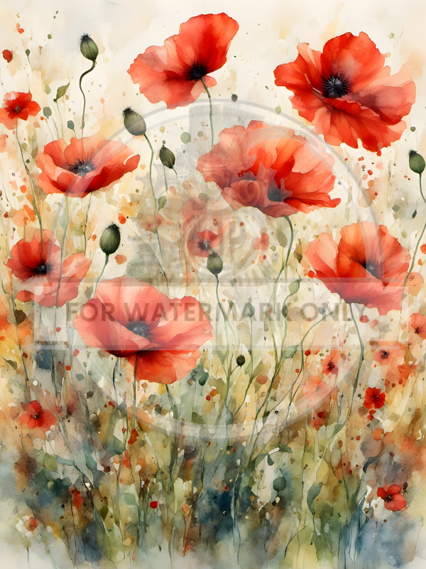 A4 Watercolor Poppies Rice Paper DC645